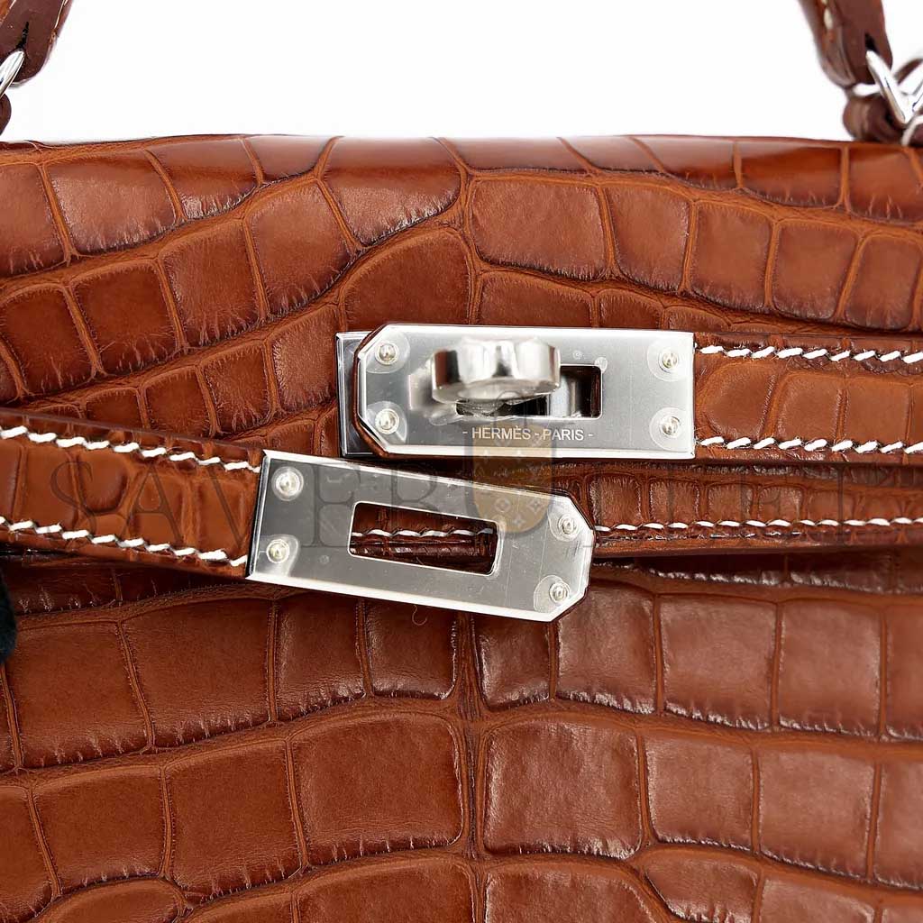 HERMÈS MASTER MINI KELLY II MATTE AMERICAN CROCODILE YELLOW SILVER BUCKLE (19*12*5.5cm)